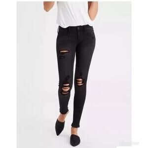 American Eagle Black Distressed Frayed Hem Super Low Rise Jegging Women's Size 2